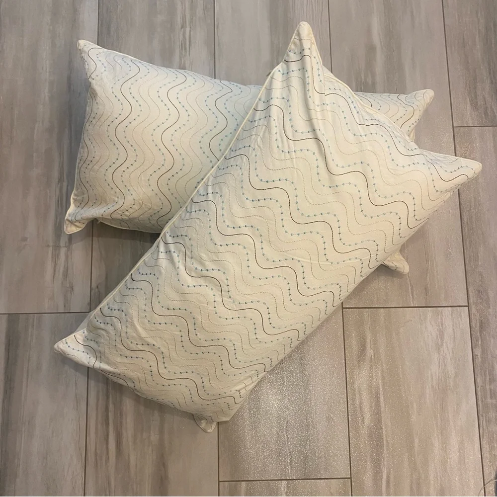 Pair of Cream Rectangle Lumbar Pillows with Blue and Tan Decorative Embroidery
